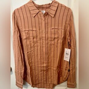 RVCA Saraphina Light Brown Striped Long Sleeve Button-Up Top